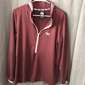 VS PINK nylon workout jacket, burgundy color w/ wrist/collar accents, 1/2 zip up